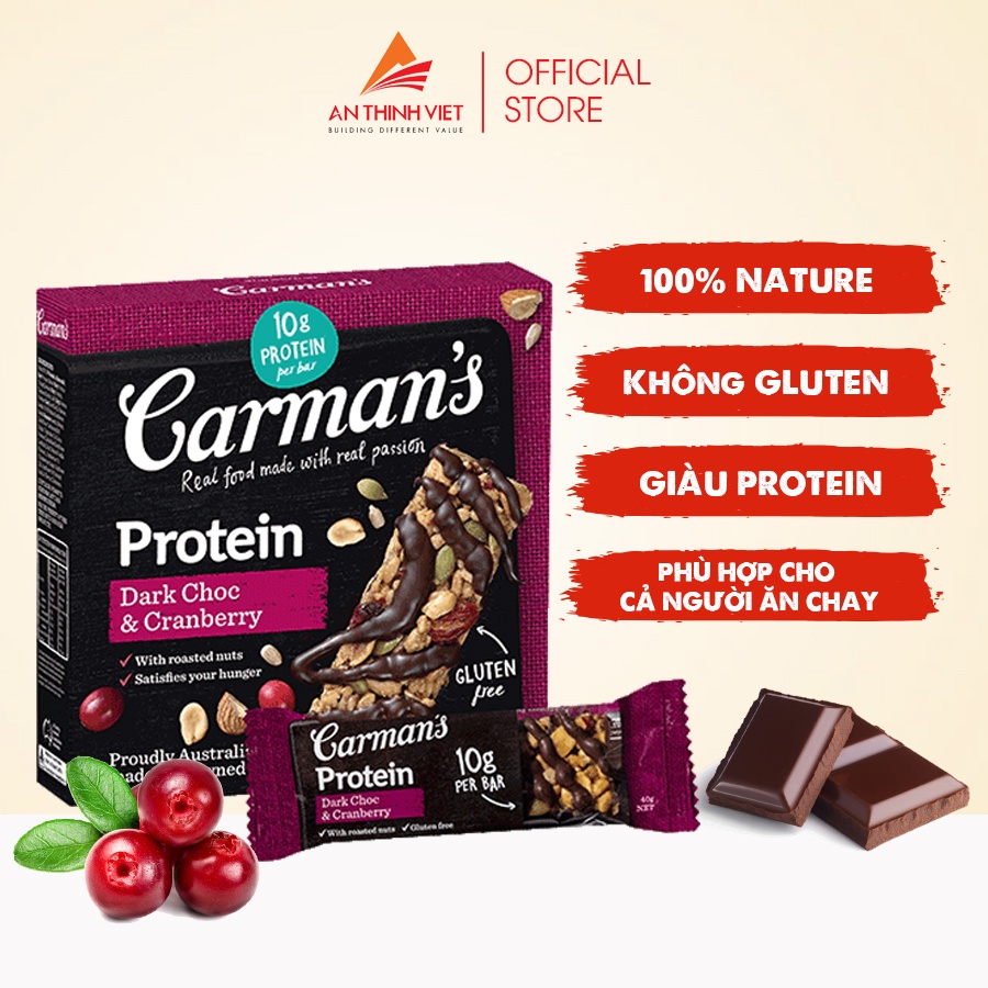 プロテインバー ダークチョコ、クランベリー味 200g Carman's