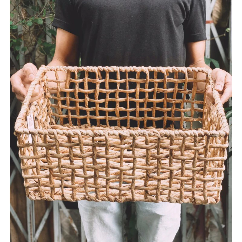 【カロ編み】ウォーターヒヤシンス製長方形バスケット Sサイズ (33x22x15cm) - 蓋なし・布なし - ヴィンテージ風収納ボックス・衣類整理・インテリア雑貨