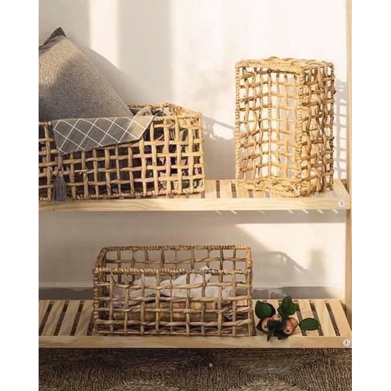 【カロ編み】ウォーターヒヤシンス製長方形バスケット Sサイズ (33x22x15cm) - 蓋なし・布なし - ヴィンテージ風収納ボックス・衣類整理・インテリア雑貨