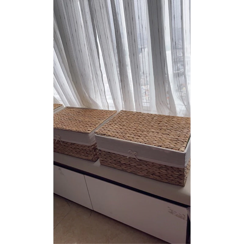 【CARO編み】ウォーターヒヤシンス製 長方形収納バスケット Mサイズ (40x25x18cm) 蓋・布付き 衣類収納 カゴ おしゃれなヴィンテージ風 整理整頓