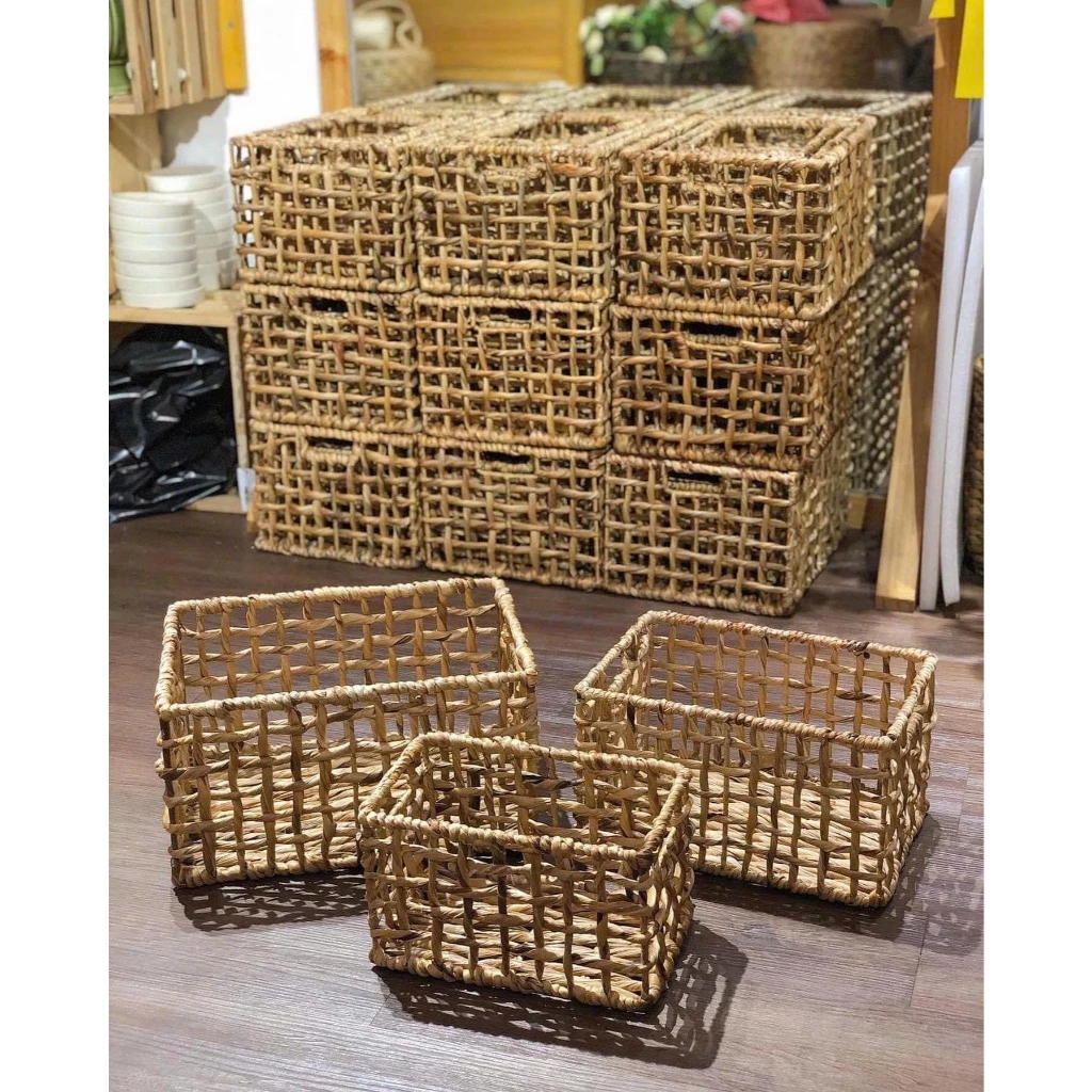 【CARO編み】ホテイアオイ製 長方形収納バスケット Sサイズ (33x22x15cm) - 蓋・内布付き ヴィンテージ風 衣類整理かご