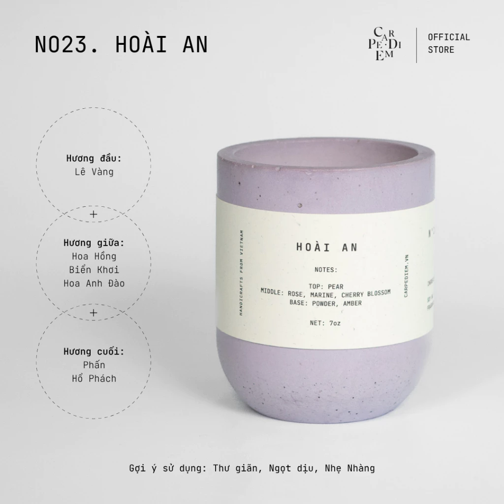 カルペ・ディエム 高級手作りアロマキャンドル「ホアイアン」香り セメント製ポット入り – 上品なギフトに最適