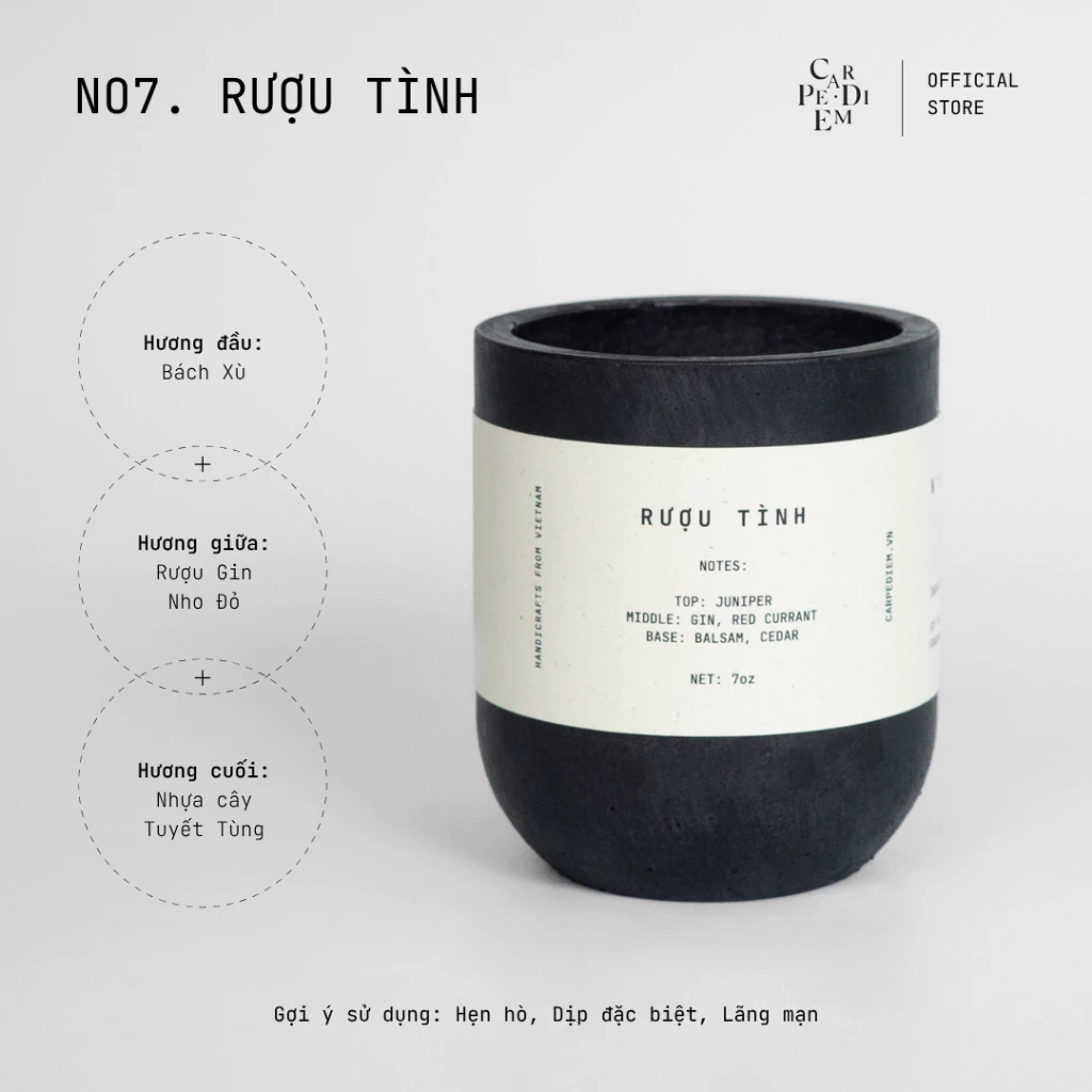 「カルペディエム」高級ハンドメイド セメントジャーキャンドル - ルームフレグランス「Rượu Tình」個性派ジンノート