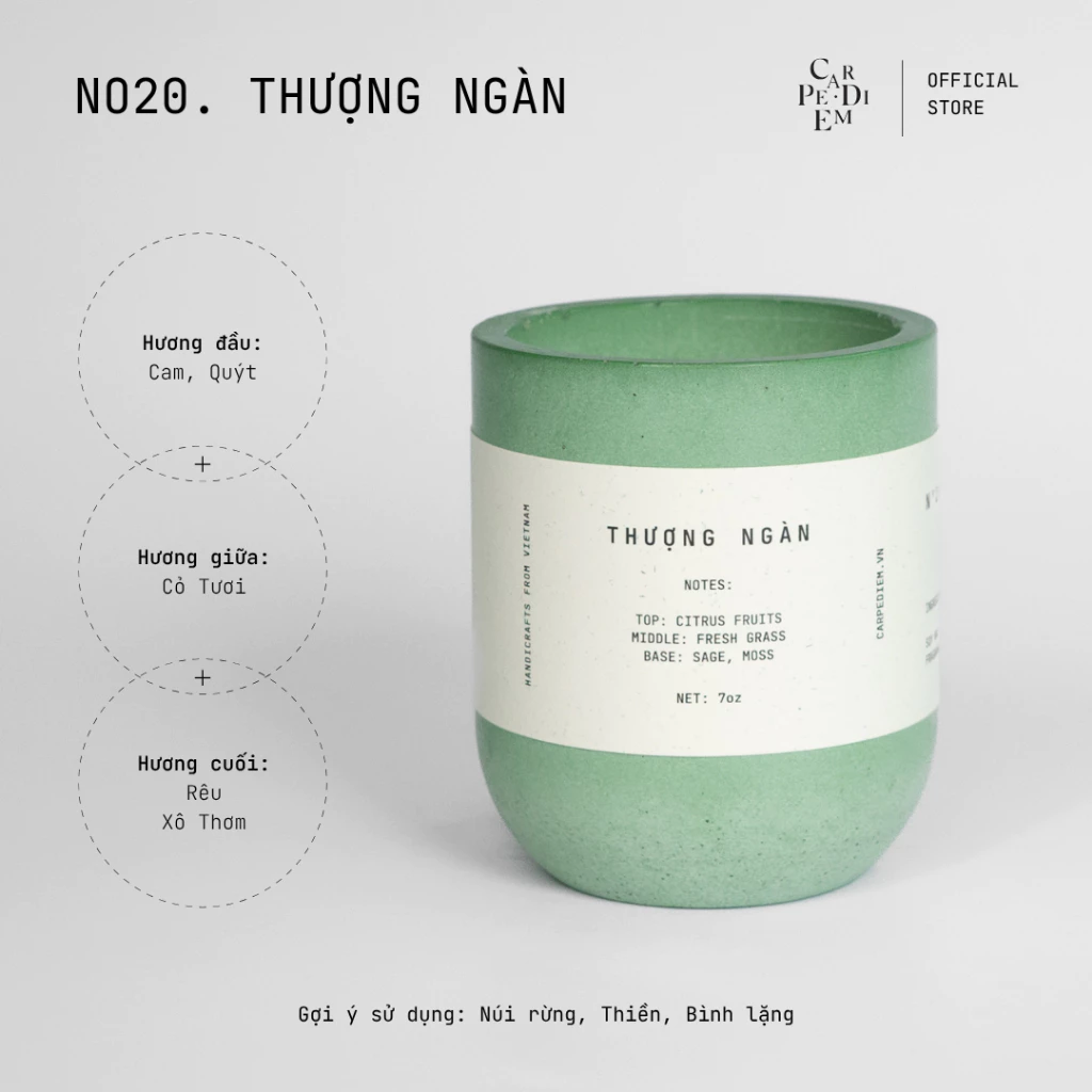 Carpe Diem『Thượng Ngàn（トゥオンガン）』手作りアロマキャンドル - 青いセメント容器入り、深山森林の香り
