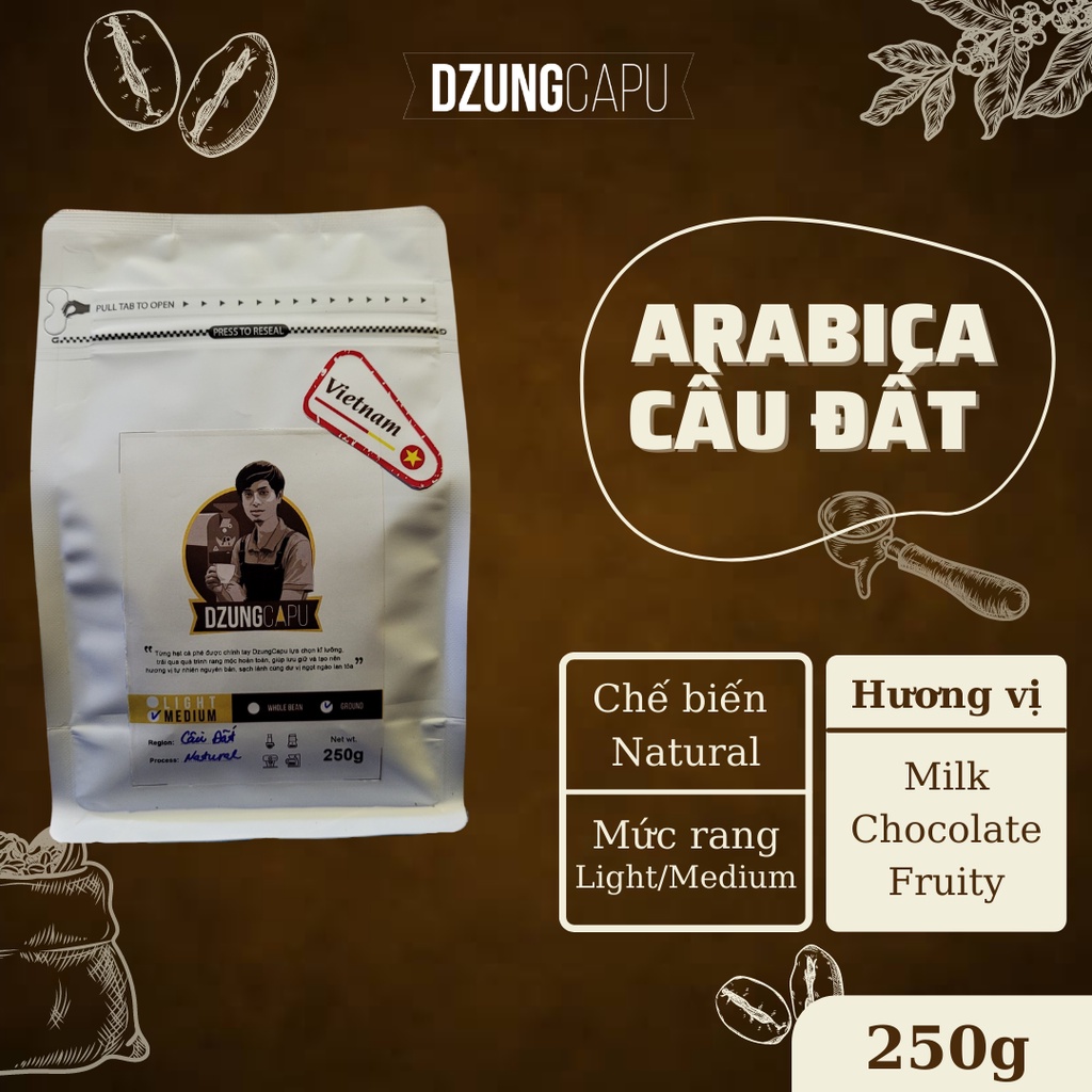 カウダット アラビカ コーヒー クロップ 2024 - 天然加工 - 250g パック - DzungCapu スペシャルティ コーヒー - 丸ごと豆