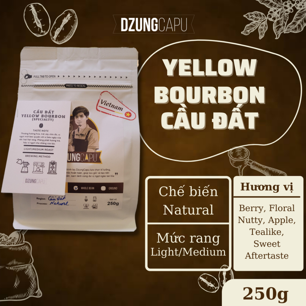 カウダット アラビカ コーヒー - イエロー バーボン種 - 天然加工 - 250g パッケージ - 浅煎り - 粉を挽いてフィルターにかけます