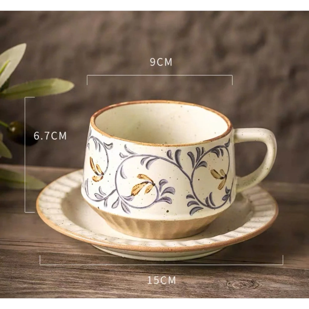 和風ヴィンテージ自然柄セラミックコーヒーカップ ソーサー付き 300ml (LG0032) - 持ちやすく美しいインテリアに