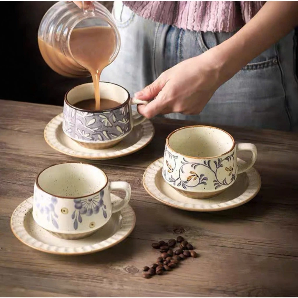 和風ヴィンテージ自然柄セラミックコーヒーカップ ソーサー付き 300ml (LG0032) - 持ちやすく美しいインテリアに