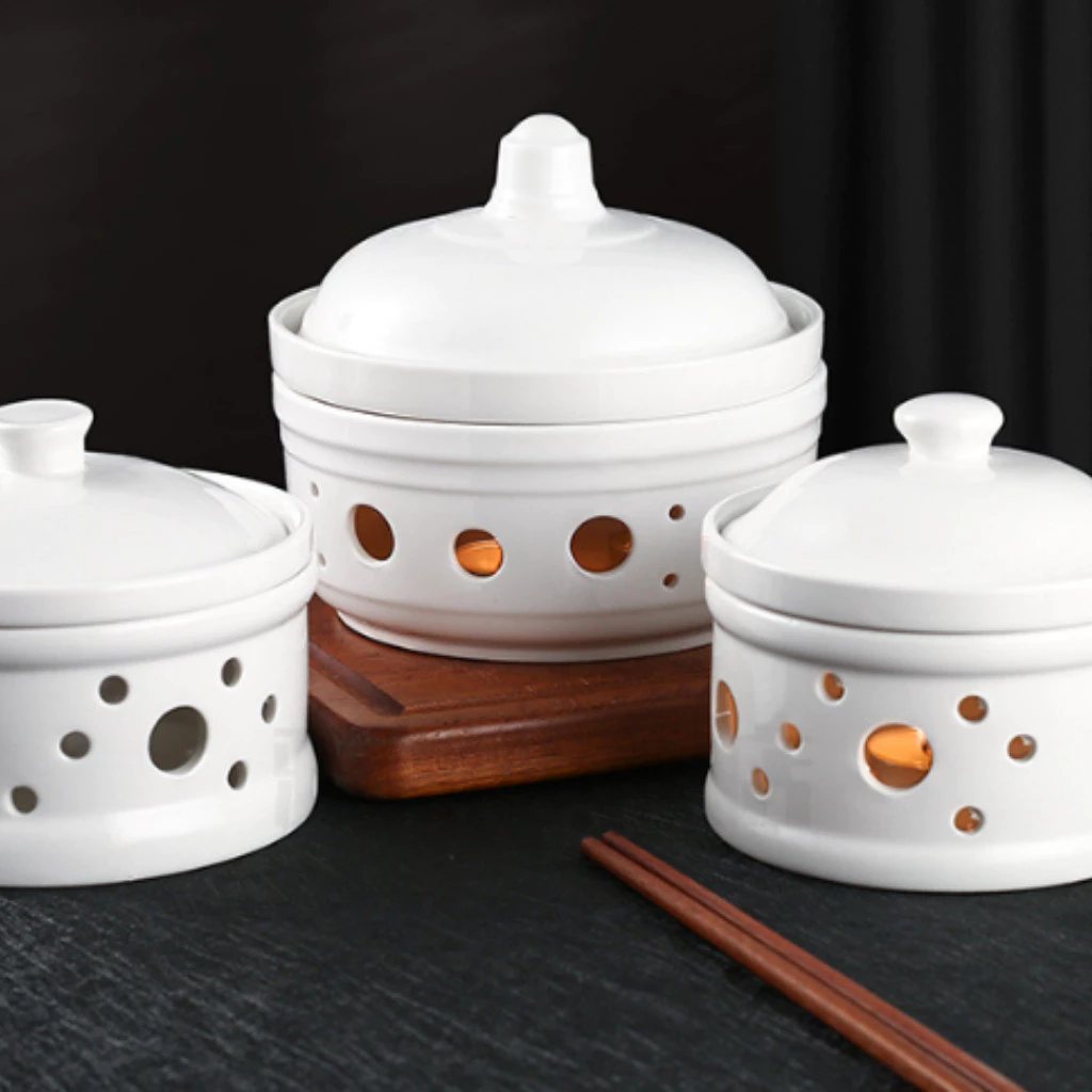 保温フードウォーマー 陶器製 蓋付き 温かい食事をキープ 多サイズ対応 (ホワイト)
