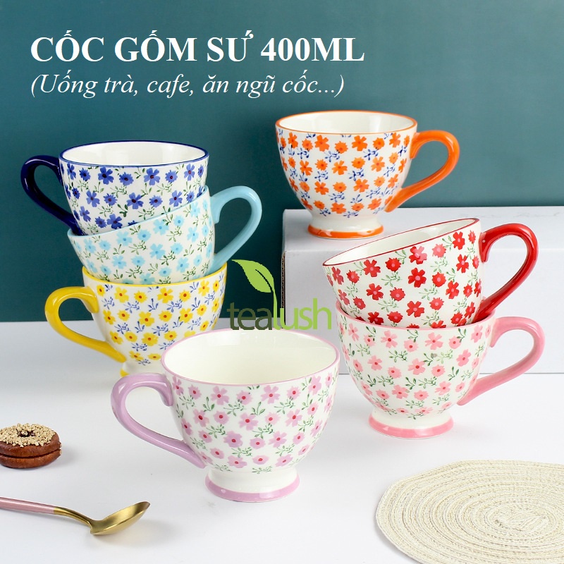 紅茶、コーヒー、シリアル用のセラミックカップ、エレガントな花柄の大容量400ml - コードC05