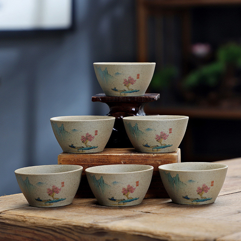 陶器工房 6個セット 陶器製小さな茶杯 昆布茶の儀式用 伝統的なスタイル 陶器製 長さ約6cm 陶器工房