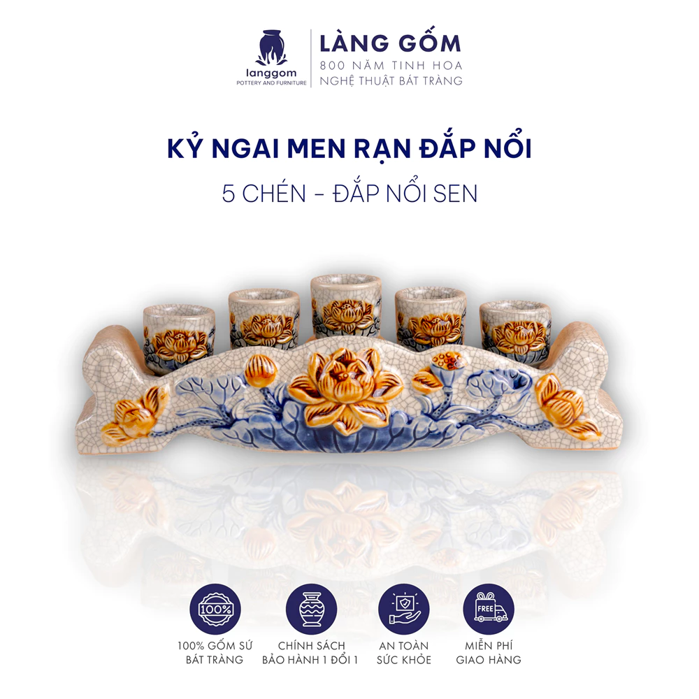 聖なる供物台・供物杯セット - バッチャン焼き 龍と蓮のひび割れ釉薬装飾 (3杯/5杯)