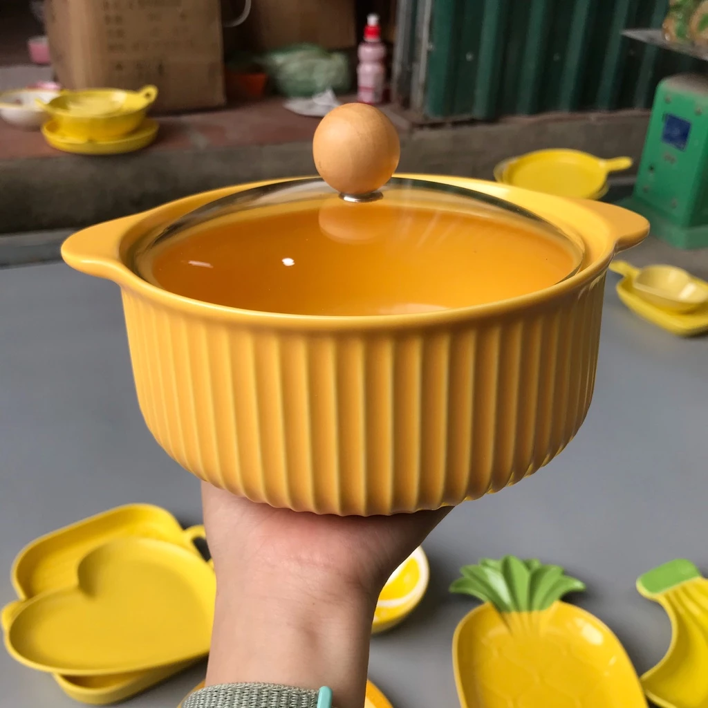 癒やしのダックイエロー ミニ鍋型セラミックボウル (ガラス蓋付き)