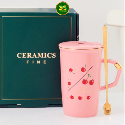 桜んぼピンクの可愛いマグカップ 450ml 蓋付き スプーンセット – 陶器製