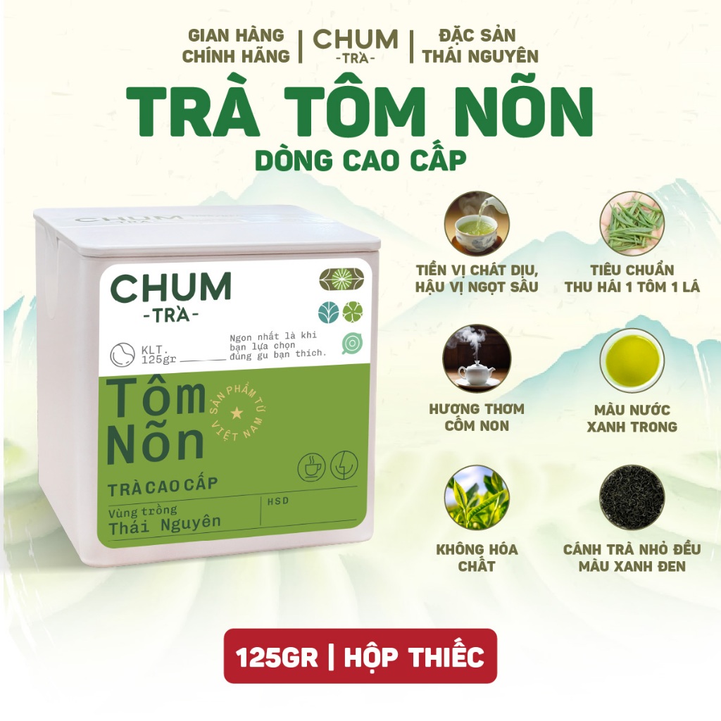 Chum Trà Premium Green Tea Shrimp Buds (Tin Box 125g)