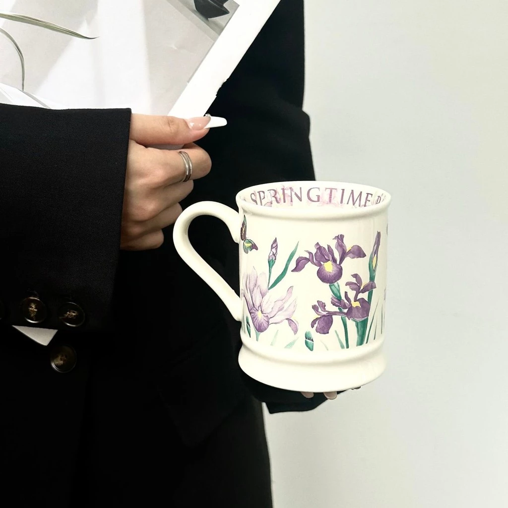 クラシックアイリス陶器マグカップ 350ml - 紫のアイリス柄 誕生日プレゼント、記念品、イベントギフト