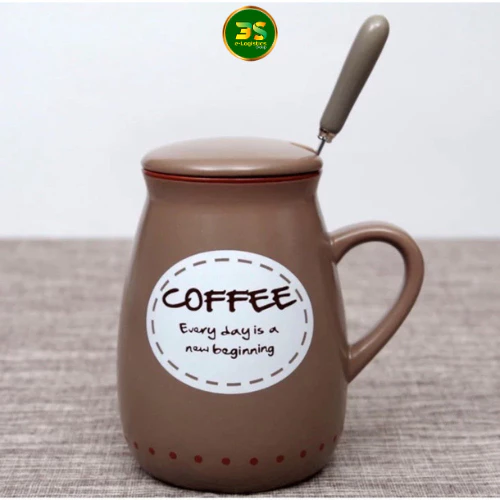 クラシックパターン磁器マグカップ 400ml 蓋＆スプーン付き "コーヒーブラウン"