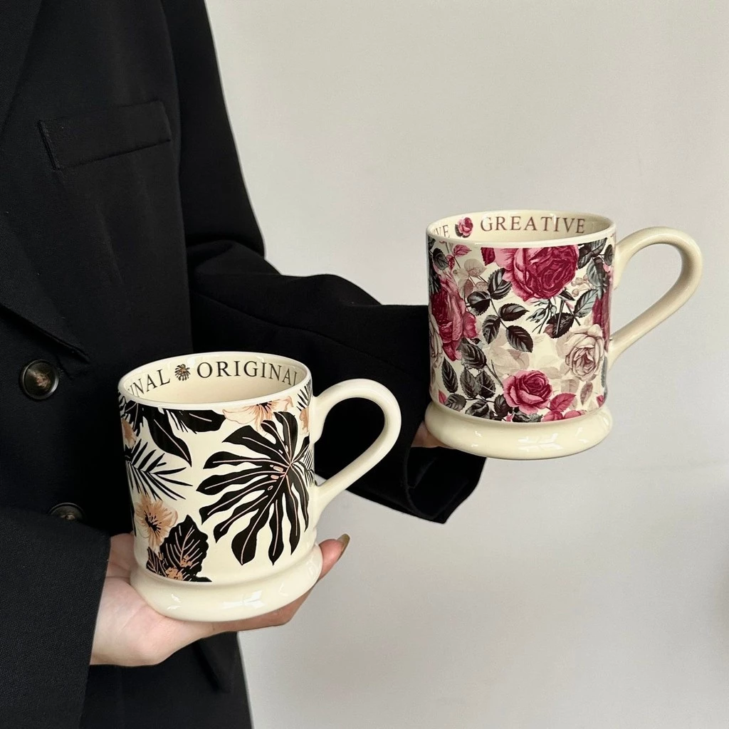 クラシックローズ柄 ボーンチャイナマグ オフィス女性向け朝のティータイムに