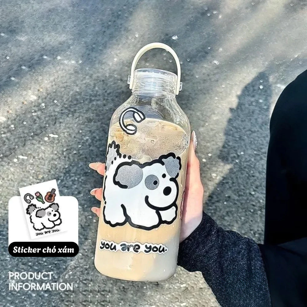 クリアウォーターボトル 1L グレー犬デザイン ステッカー付 持ち手付 – 通学通勤ジムに最適