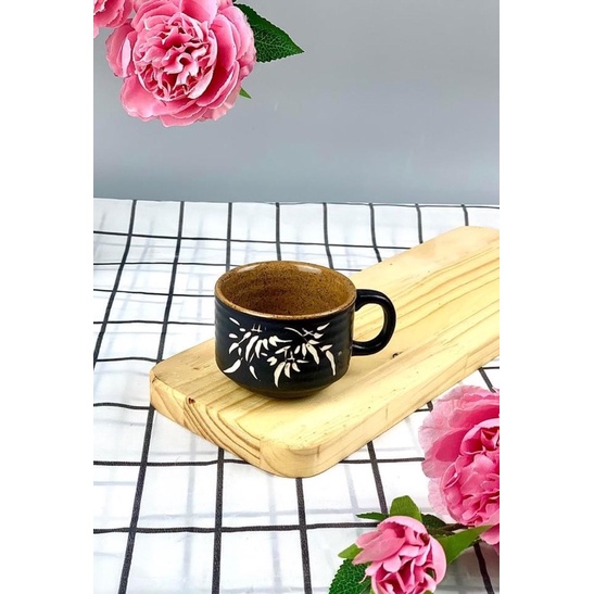 セラミックコーヒーマグカップ ハンドル付き 黒&茶色 150ml
