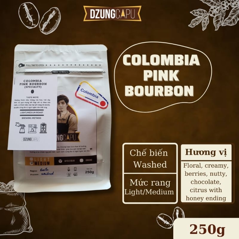 コロンビア ピンク ブルボン スペシャルティ コーヒー - 前処理済み ウォッシュド - 250g パック - DzungCapu スペシャルティ コーヒー - ミディアム ロースト - 粉砕