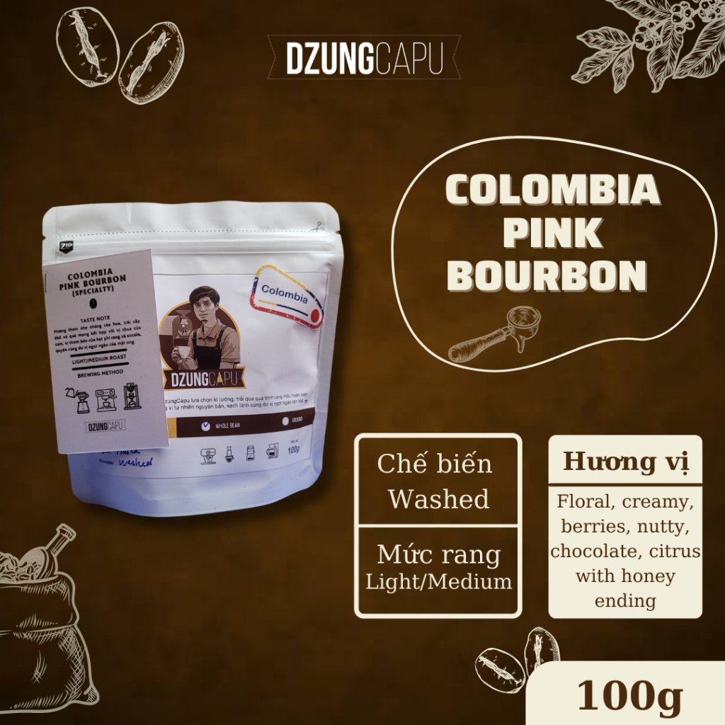 コロンビア ピンク ブルボン スペシャルティ コーヒー - 前処理済み ウォッシュド - 100g パック - DzungCapu スペシャルティ コーヒー - 浅煎り - 丸ごと豆
