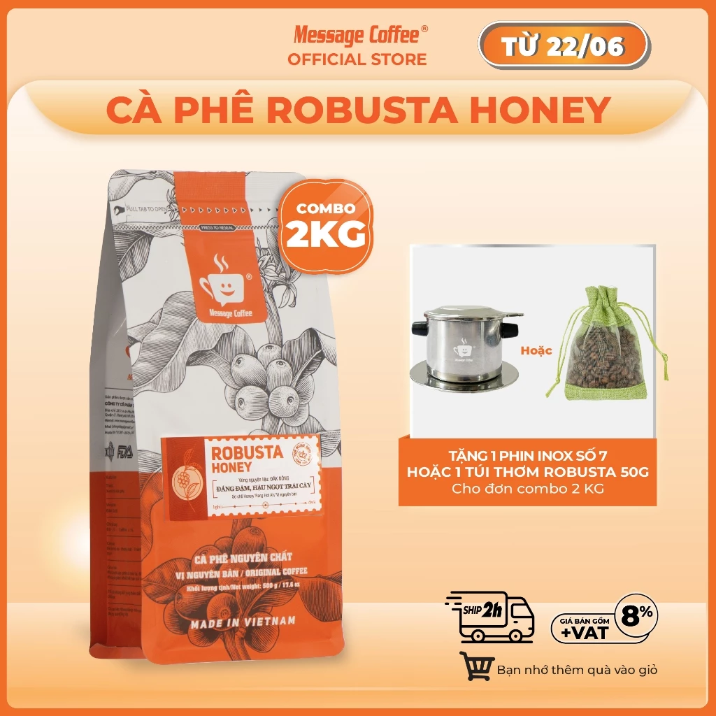 【大容量2kg】メッセージコーヒー特製 ロブスタ・ハニープロセス コーヒー豆（挽き可）100%純粋 無添加 ベトナム産