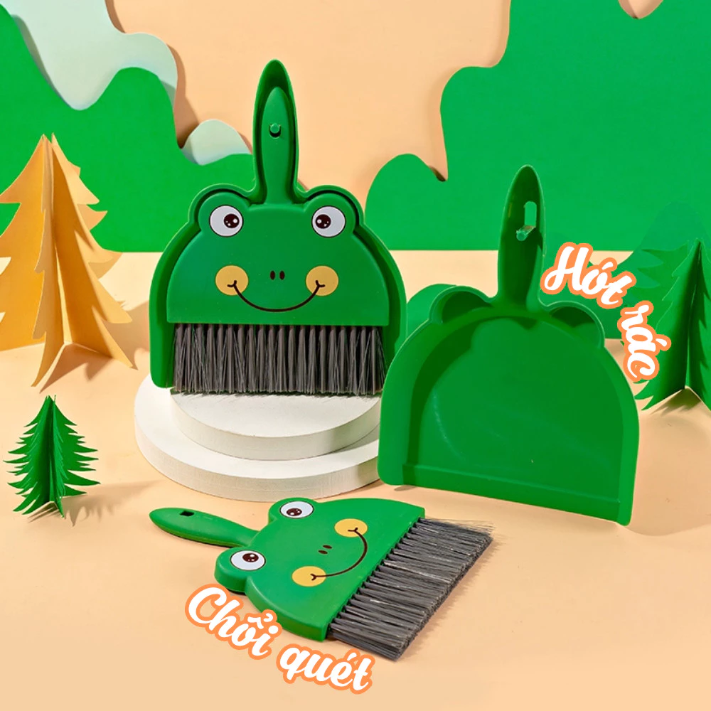 卓上カエルミニほうき＆ちりとりセット - オフィス・学習机・ペット用お掃除ツール