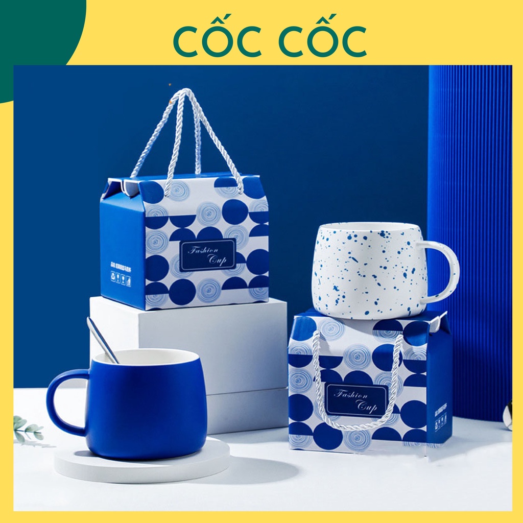 ギフトバッグ、スプーン、毎日、コーヒー、水、牛乳、メモリギフトを添えたシングルカップセット付きのCupy Blue酵母 - 白いセット