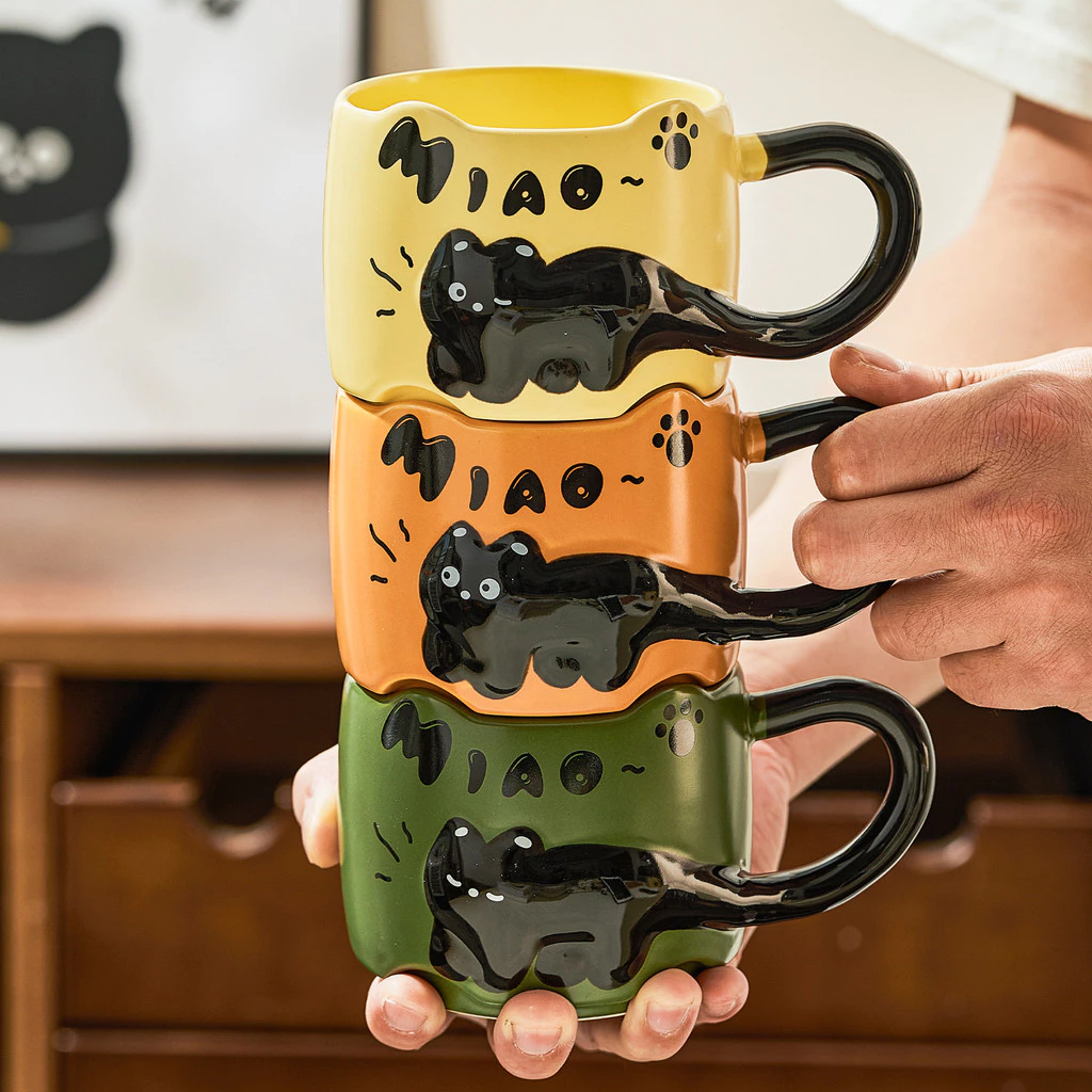 かわいい猫デザイン マグカップ 380ml (緑) – 高級セラミック製ペアギフト、オフィス・ご家庭に