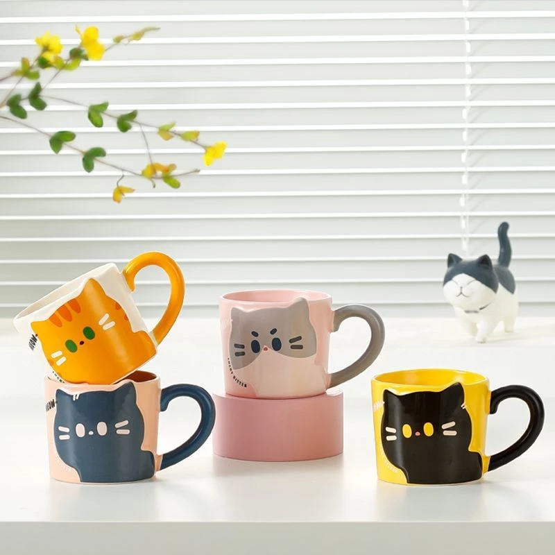 可愛い猫のペアマグカップ（青＆ピンク）親友・カップルへの誕生日プレゼントに！アニメ風セラミックカップ