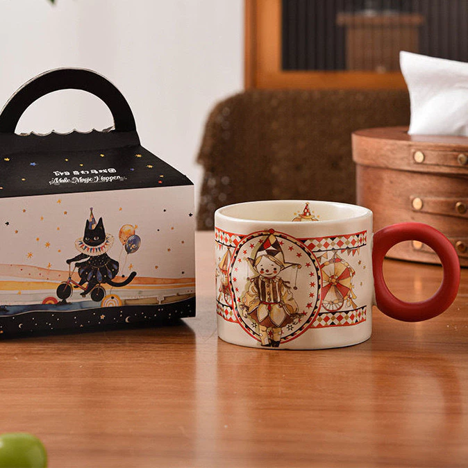 可愛いサーカス柄 高級ボーンチャイナ マグカップ 250ml - 誕生日ギフトに最適な陶器カップ