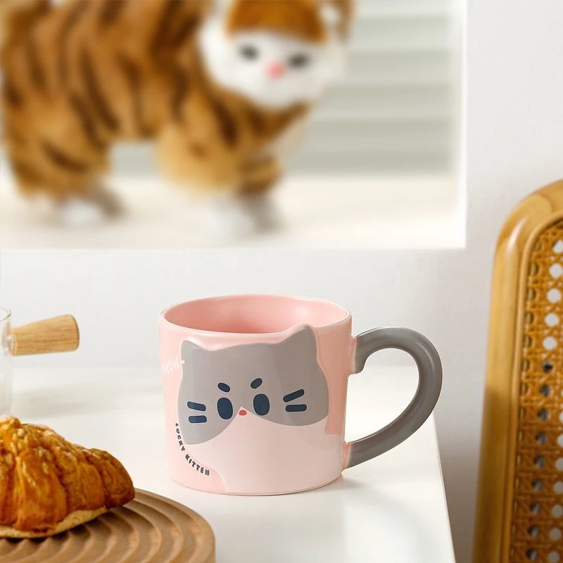 かわいい猫のペアマグカップ グレー | 誕生日プレゼント 親友 カップル アニメ風 セラミックコーヒーカップ