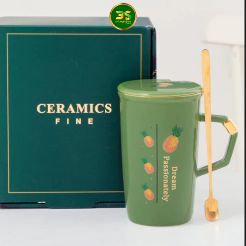 パイナップル柄マグカップ 450ml 蓋付きスプーンセット パイナップルグリーン 陶器製