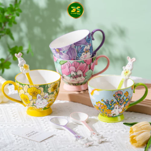 可愛いウサギ柄セラミックマグカップ 450ml - ギフト・オフィスに最適