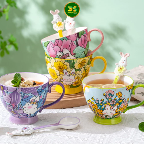 うさぎ柄のかわいいセラミックマグカップ 450ml - ギフト・オフィス用品に最適 09番