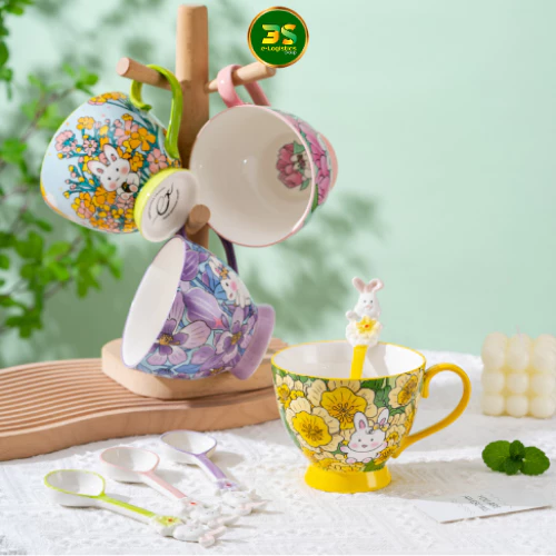 うさぎモチーフ 450ml セラミックマグカップ (モデル06) - ギフト・オフィス用にかわいい陶器コップ