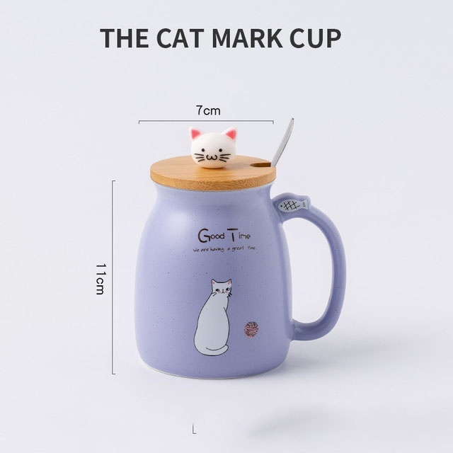 木製の蓋、スプーン、350mlのペイントカップの容量のペイントカップのかわいい猫の磁器カップ、水、紅茶、コーヒー、贈り物に使用される - 紫色