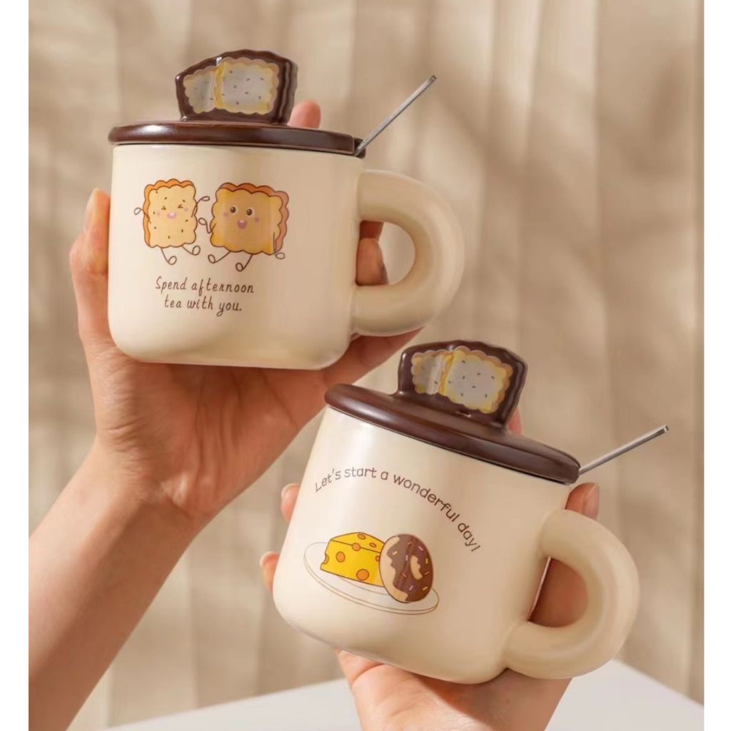 レビュー高評価の商品!の商品をすべて かわいいセラミック クッキー カップ 蓋とスプーン付き - ピンク カップ