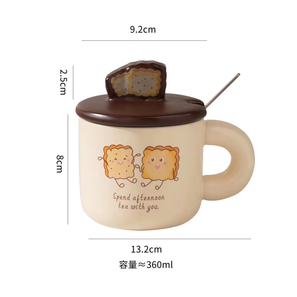 かわいいセラミック クッキー カップ 蓋とスプーン付き - ピンク