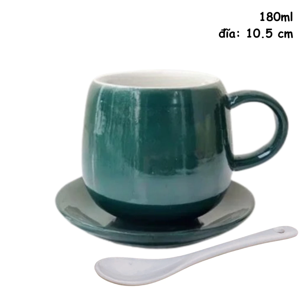 バッチャン焼「Đất Gốm」 深い青緑色 取っ手付き 180ml 茶・コーヒー用 セラミック製カップ＆ソーサー＆スプーンセット「コック・トン・タップ」スタイル
