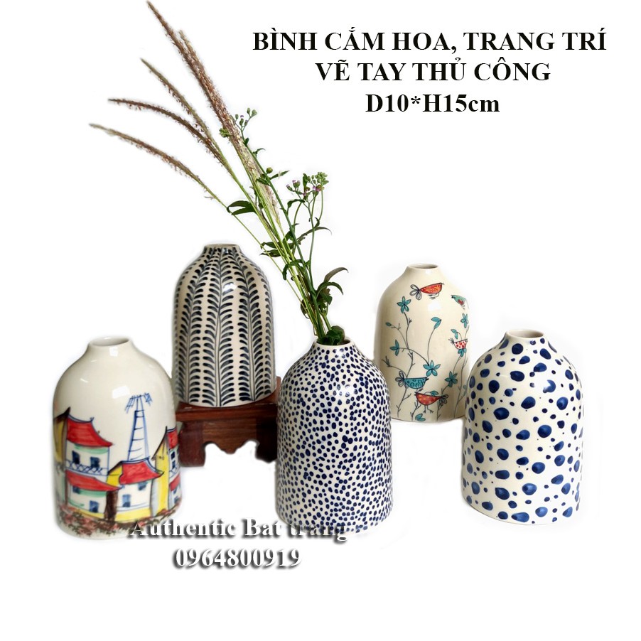 バッチャン焼き(陶器)の花瓶(直径10cm 高さ15cm) OANH GIA AUTHENTIC BAT TRANG