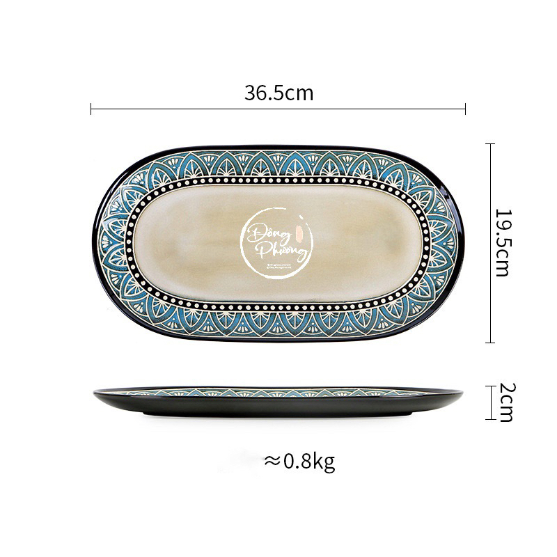 Đông Phương Decor ブルーグレイズ オーバルプレート 伝統柄 30cm 東方装飾