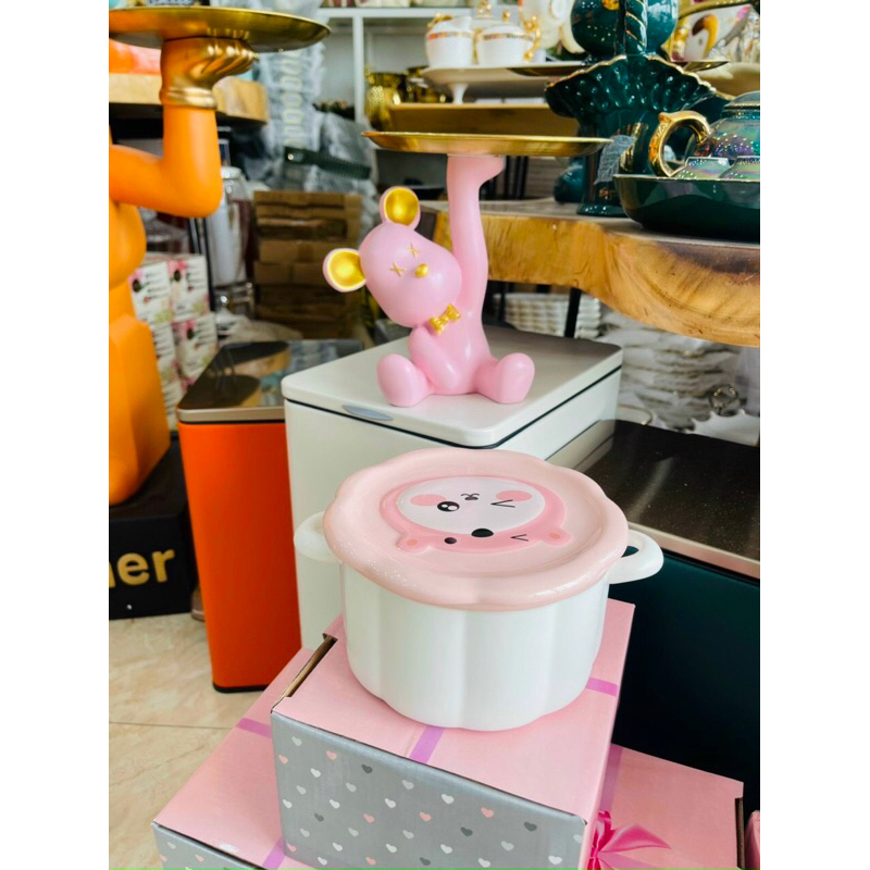 Dongphuong Decor ベアー ラーメンボウル 蓋付き かわいいクマ柄 陶磁器 800ml 東方デコール