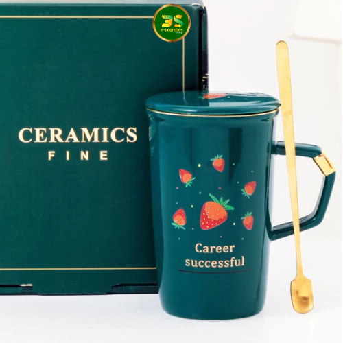 夢見るイチゴ柄マグカップ 450ml 蓋・スプーン付き ダスティブルー