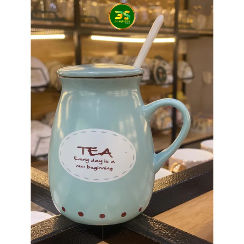 アンティーク風 花柄 蓋・スプーン付き セラミックマグカップ 400ml (ティーグリーン)