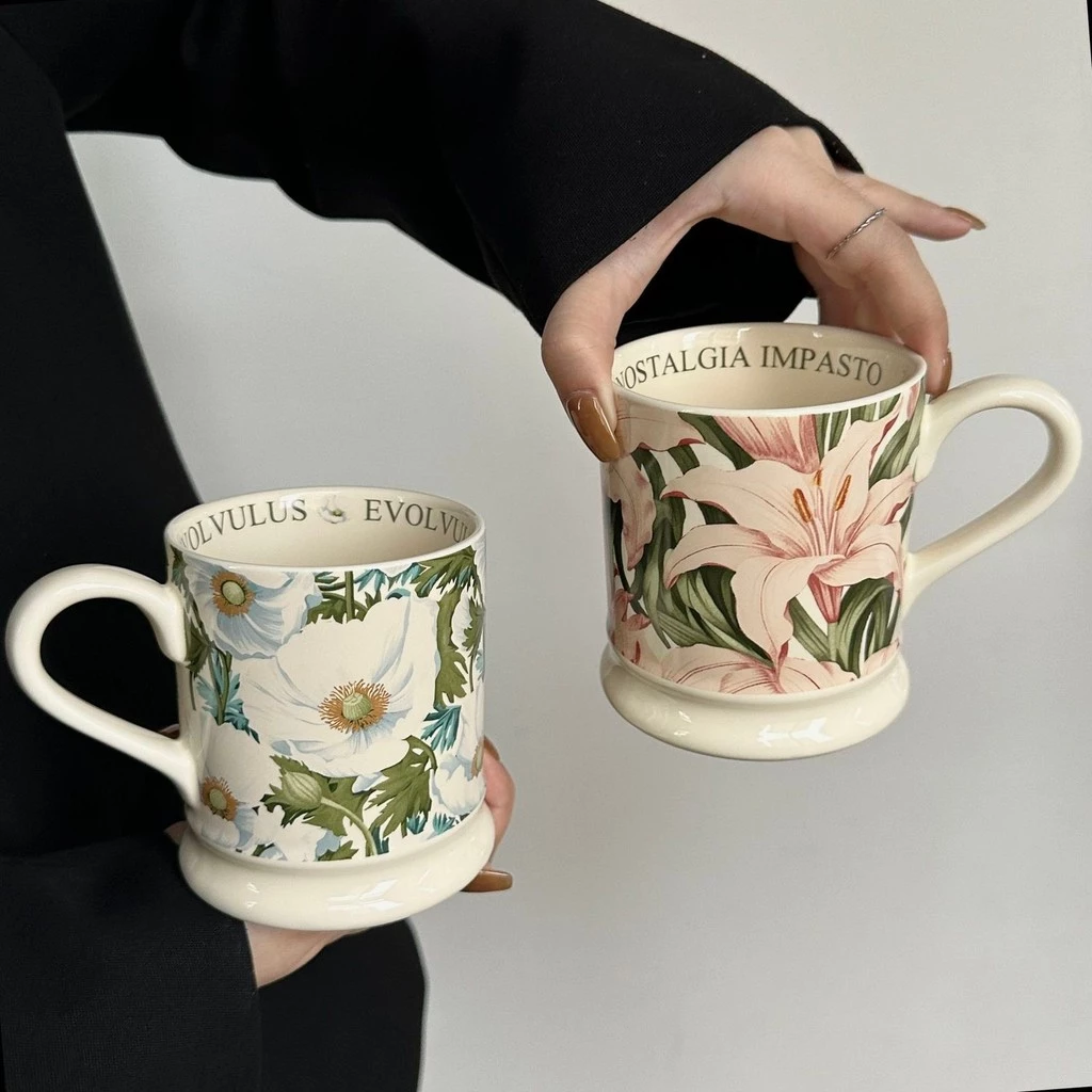 オフィスレディ向け 牡丹柄クラシック磁器マグカップ【豊かさと美の象徴】