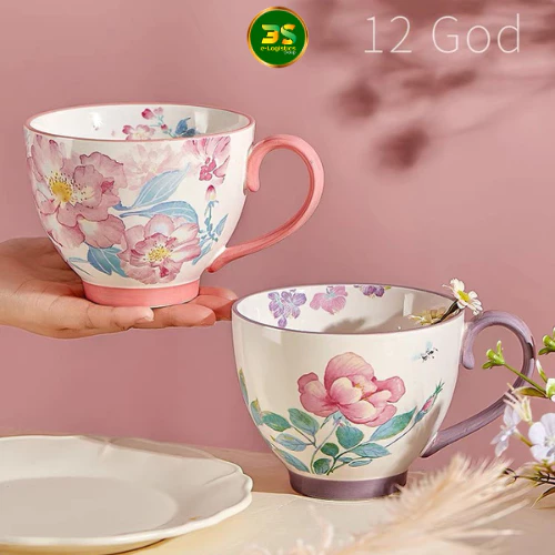 エレガントな紫の花々 450ml 陶器マグカップ | ロマンチックなティータイムを