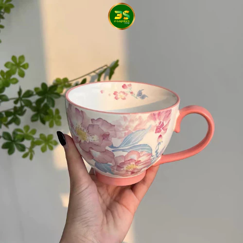 優雅なローズ柄 450mlセラミックマグカップ - ボーンチャイナ製