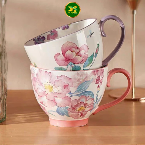 優雅なローズ柄 450mlセラミックマグカップ - ボーンチャイナ製